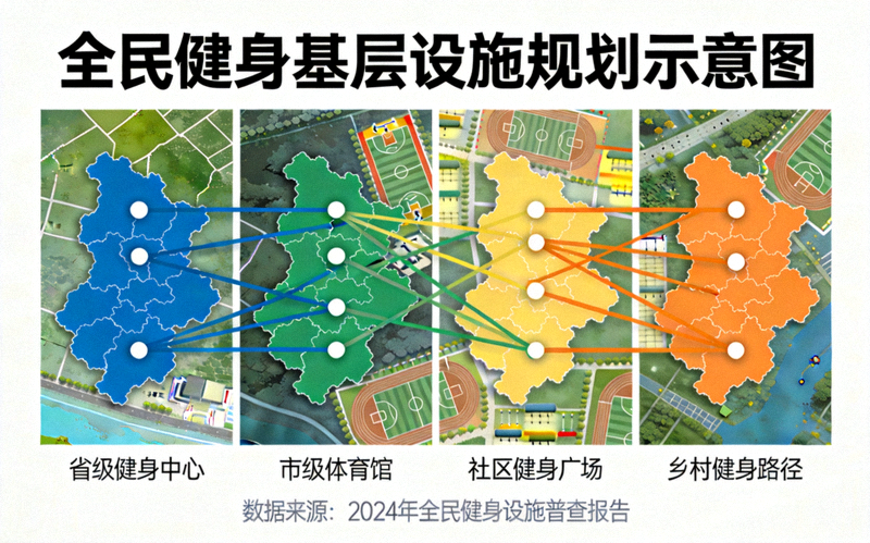 全民健身基层设施规划示意图，展示从省市到社区乡村的多层级设施分布网络