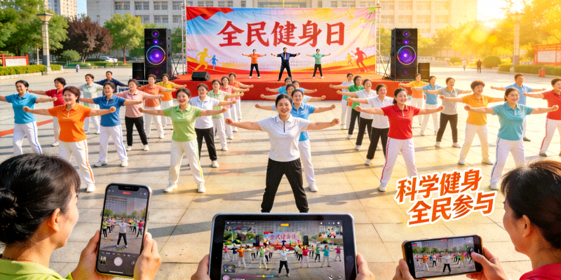 全民健身日活动盛况，线上线下参与者共同进行健身操锻炼