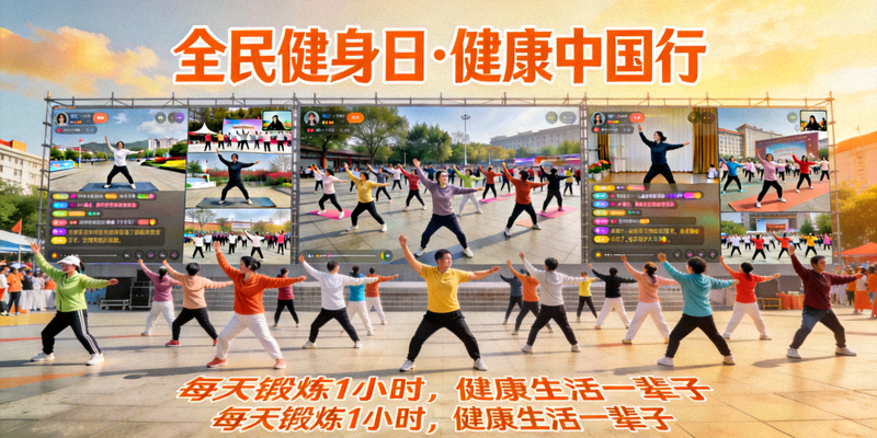 全民健身日活动盛况，线上线下参与者共同进行健身操锻炼
