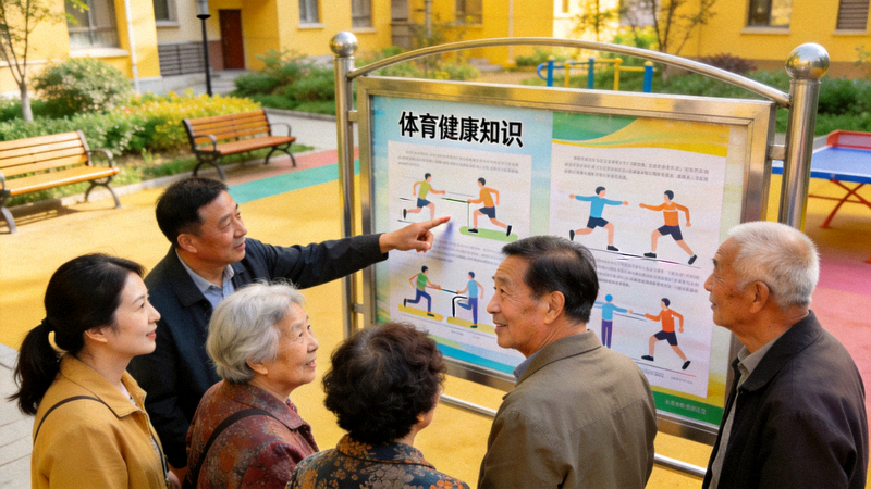 社区居民在社区宣传栏前观看体育健康知识海报，并进行交流