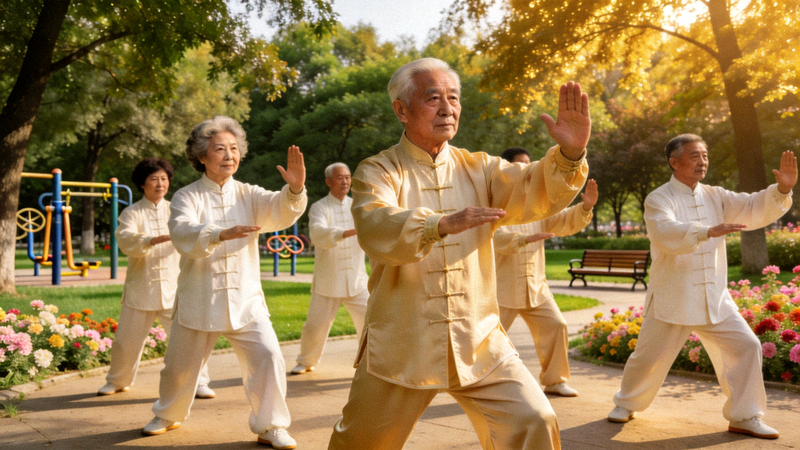 一群老年人在环境优美的公园里整齐划一地练习太极拳，展现积极健康的精神面貌