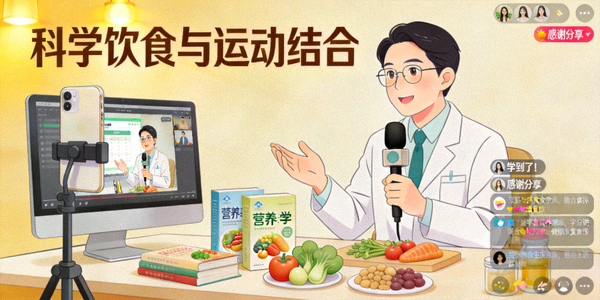 营养学专家正在进行线上健康讲座直播，分享科学饮食与运动结合的知识