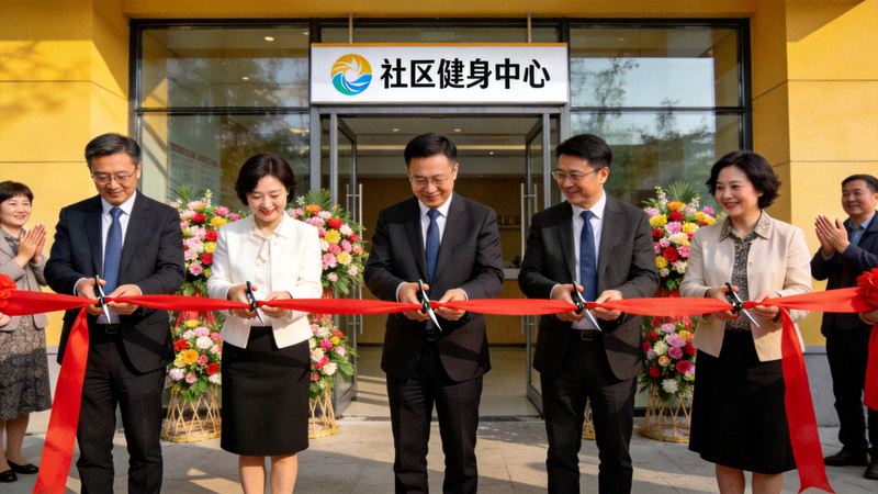 政府代表、企业负责人与社区居民代表共同为新建成的社区健身中心剪彩的合作场景