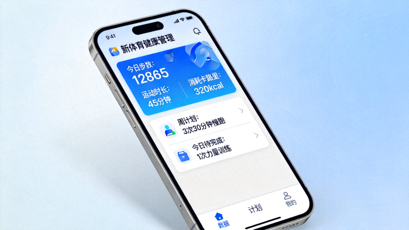 智能手机屏幕上显示新体育健康管理应用的界面，展示个人运动数据与计划