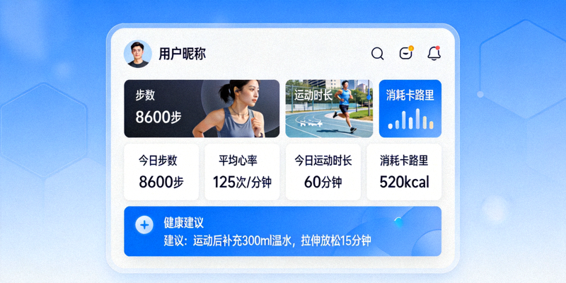 智能运动健康管理平台界面，展示运动数据统计与健康建议