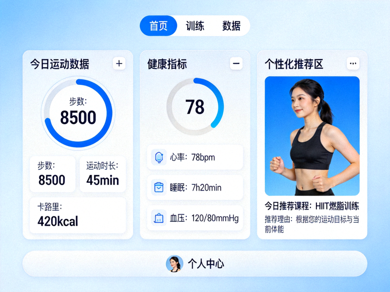 智能运动指导平台主仪表盘界面，展示今日运动数据、健康指标与个性化推荐