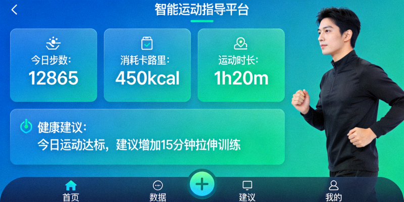 智能运动指导平台界面截图，展示个人运动数据与健康建议