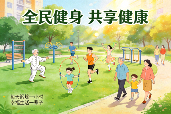 全民健身政策宣传插图，展示不同人群在社区公园锻炼的和谐场景