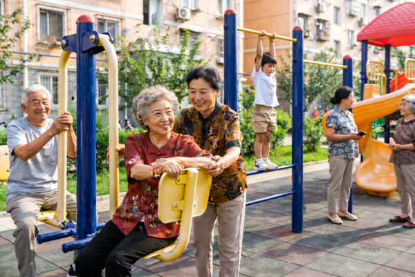 社区居民在楼下健身器材区进行锻炼，老人和孩子都在参与