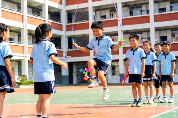 中小学生在学校体育课上参与趣味体育游戏，笑容满面