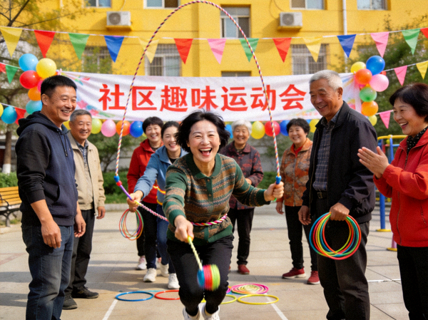 社区组织的趣味运动会现场，居民们积极参与，气氛热烈融洽