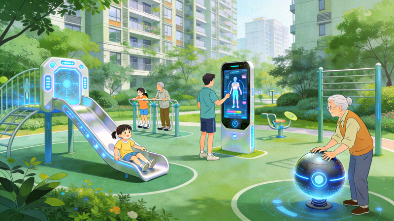 未来社区体育场景构想图：绿意盎然的社区中，不同年龄段的居民和谐地使用着各类智能、友好的体育设施
