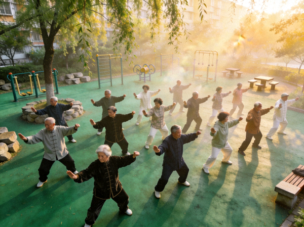 清晨的社区公园里，数十位中老年居民整齐划一地练习太极拳，动作舒缓优美