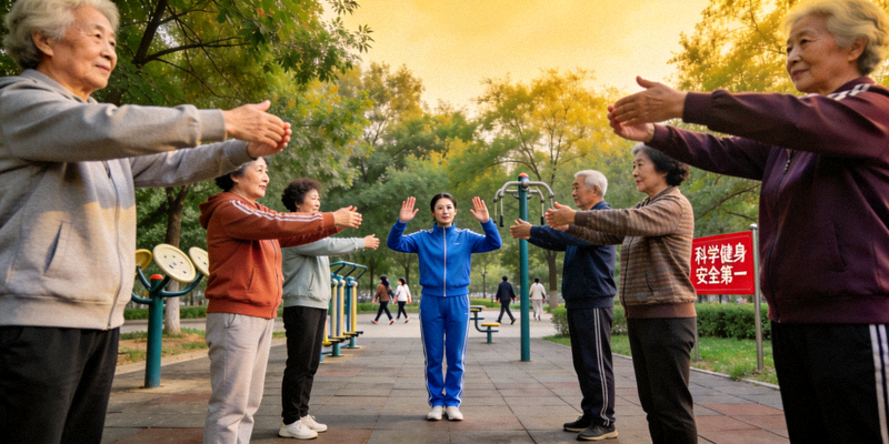 社会体育指导员在公园里指导老年人进行科学安全的健身操练习
