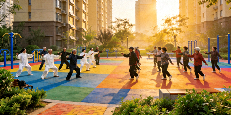 社区居民在新建的社区健身广场上进行集体晨练，包括太极拳、广场舞等多种活动