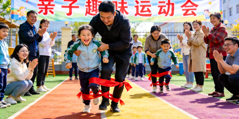 社区组织的亲子趣味运动会上，家长和孩子正在共同参与两人三足比赛，充满欢声笑语