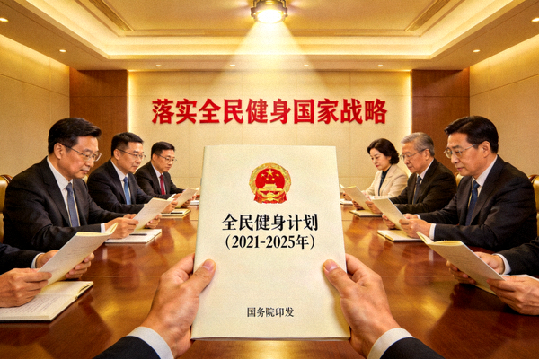 展示全民健身计划政策文件与会议讨论的图片，体现国家战略高度