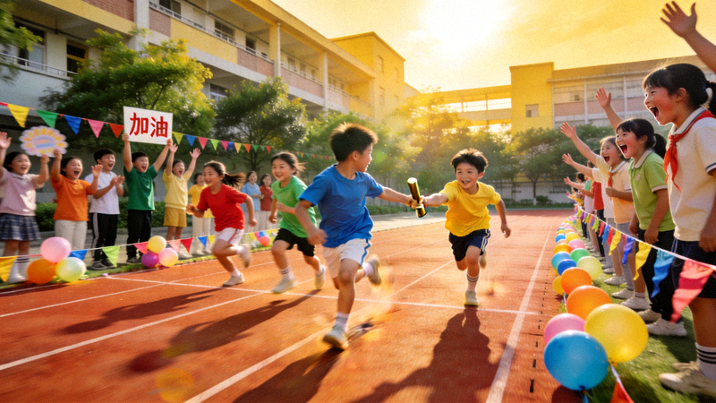 小学校园运动会上，学生们正在参加接力赛跑，场边同学加油助威，气氛热烈