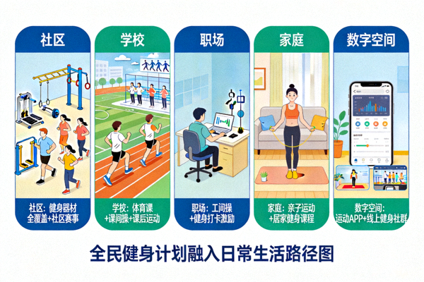 信息图：描绘全民健身计划融入日常生活多个场景的路径图，包括社区、学校、职场、家庭和数字空间