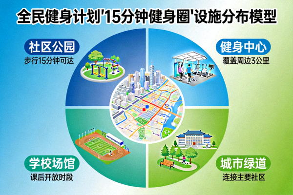 信息图：展示全民健身计划中‘15分钟健身圈’的设施分布模型，包括社区公园、健身中心、学校场馆和城市绿道