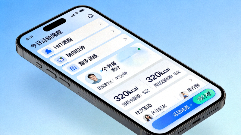 智能手机屏幕上显示一款全民健身应用的界面，包含运动课程列表、个人数据统计和社交互动功能