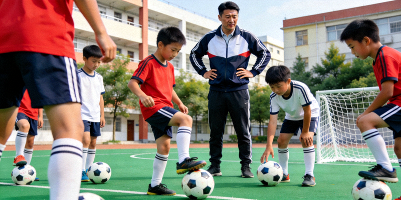 青少年在校内体育课上练习足球基本动作，教练在一旁指导