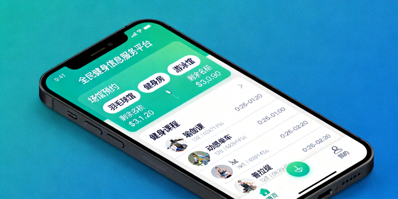 手机屏幕上显示全民健身信息服务平台界面，包含场馆预约和健身课程