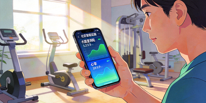 居民通过手机APP查看个人在社区智能设施上的运动数据图表，包括卡路里消耗和心率