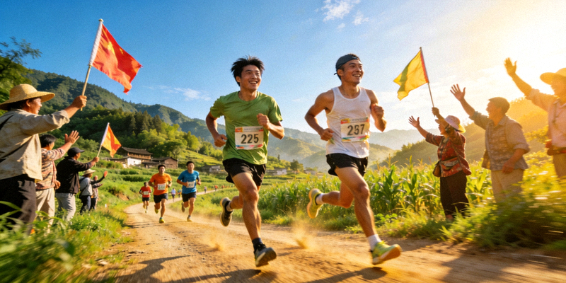 美丽乡村马拉松赛事现场，参赛者在青山绿水间的赛道上奔跑，沿途村民加油助威