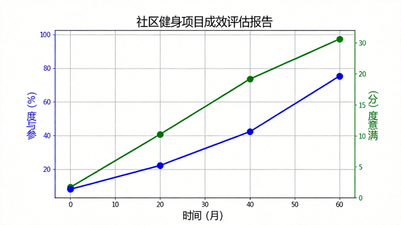 社区健身项目成效评估报告图表，展示参与度与满意度提升曲线