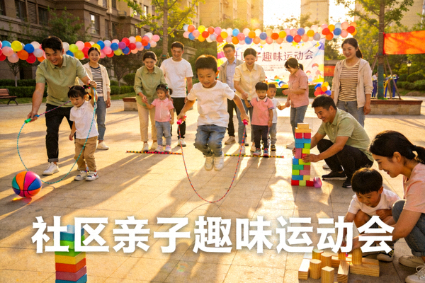 社区亲子家庭趣味运动会现场，父母与孩子共同参与协作游戏