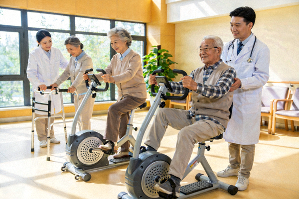 养老社区内，老年人在专业指导下使用适老化康复器械进行锻炼