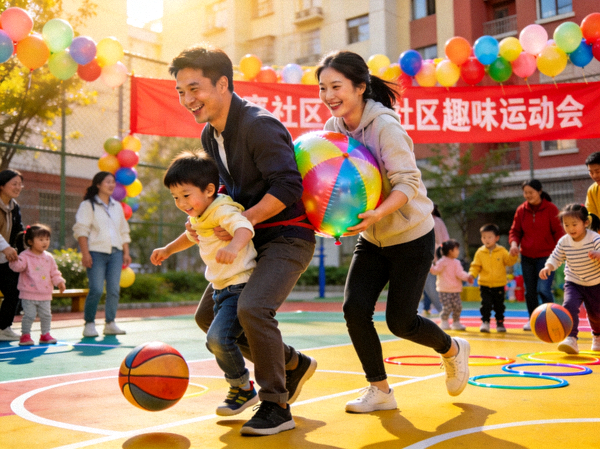 亲子家庭参与社区趣味运动会中的协力运球游戏，欢声笑语