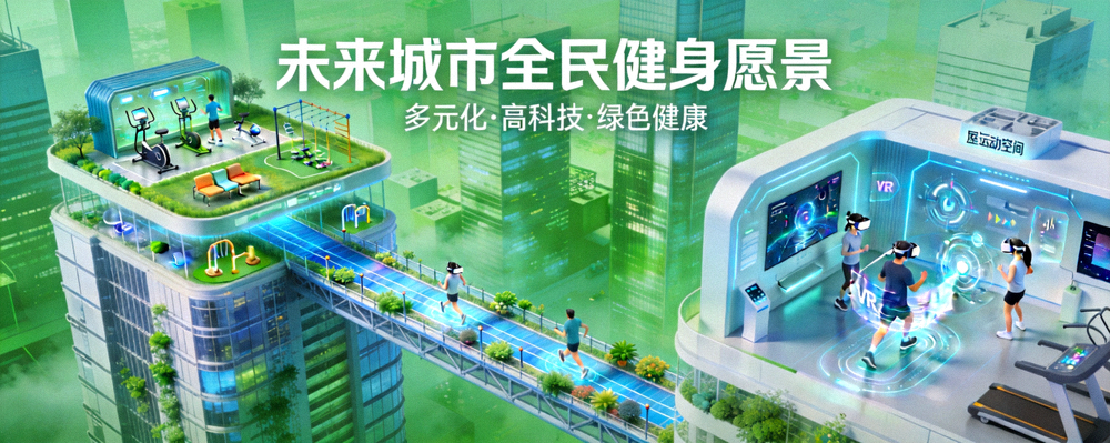 未来城市健身愿景图，描绘了绿色城市中空中步道、屋顶花园健身房、VR运动空间等多元化、高科技的全民健身场景