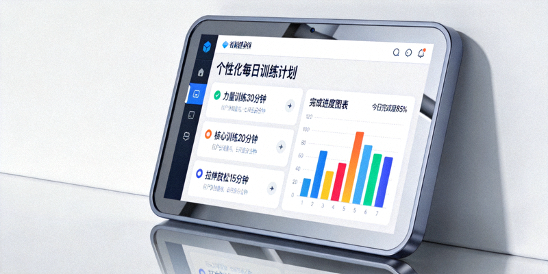 智能健身镜屏幕显示个性化的每日训练计划与完成进度图表