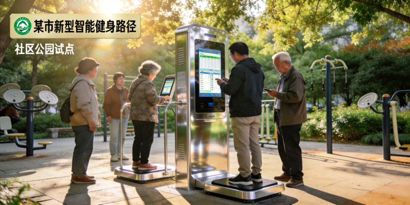 某市新型智能健身路径在社区公园内投入使用，居民正在体验智能体测设备