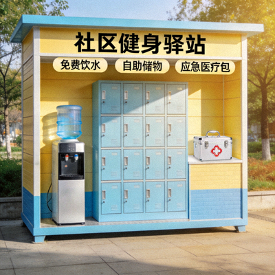 社区健身驿站，提供饮水、储物、简单医疗包等便民服务