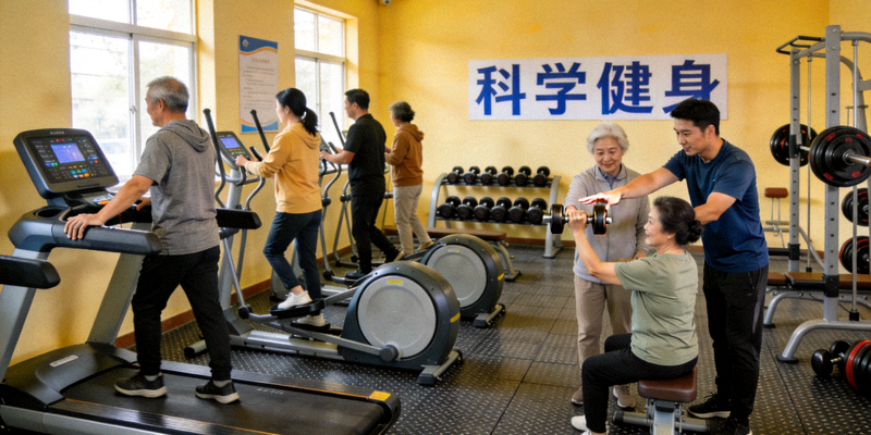 社区室内健身中心内景，配备齐全的有氧和力量训练设备，居民正在教练指导下锻炼