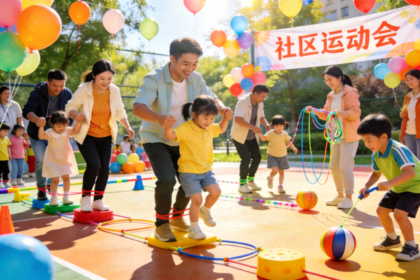 热闹的社区运动会现场，家庭组队参与趣味运动项目，充满欢声笑语