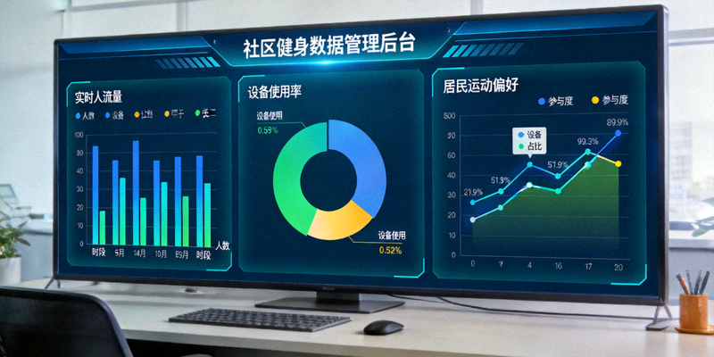 社区健身数据管理后台大屏，展示实时人流量、设备使用率、居民运动偏好等数据图表