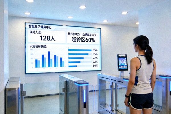 智慧社区健身中心大屏显示实时人流与设施使用数据，居民刷脸进入