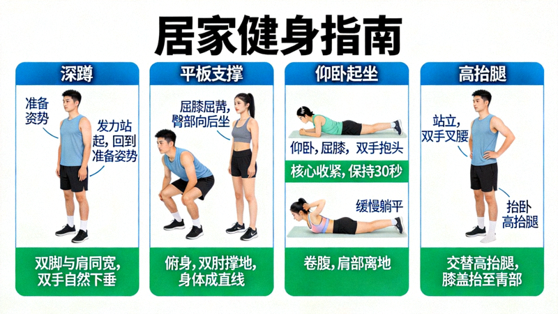 居家健身指南图解，展示多个无需器械的家庭健身动作分解