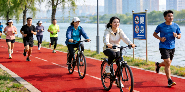 某城市绿道健身人群研究案例照片，展示市民在滨水绿道骑行与跑步