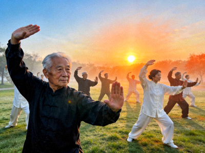 清晨公园里一群中老年人整齐划一地练习太极拳，背景是初升的太阳
