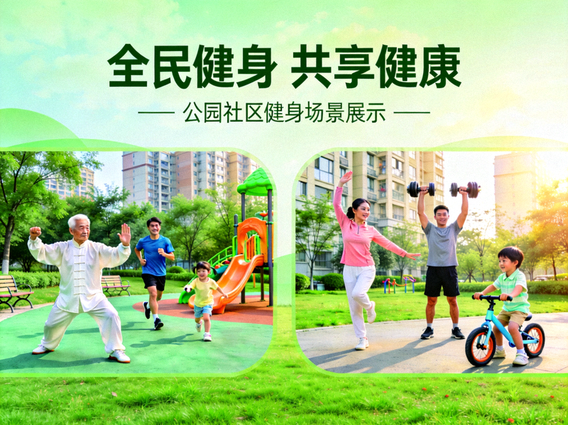 全民健身政策宣传图，展示不同人群在公园、社区健身的场景