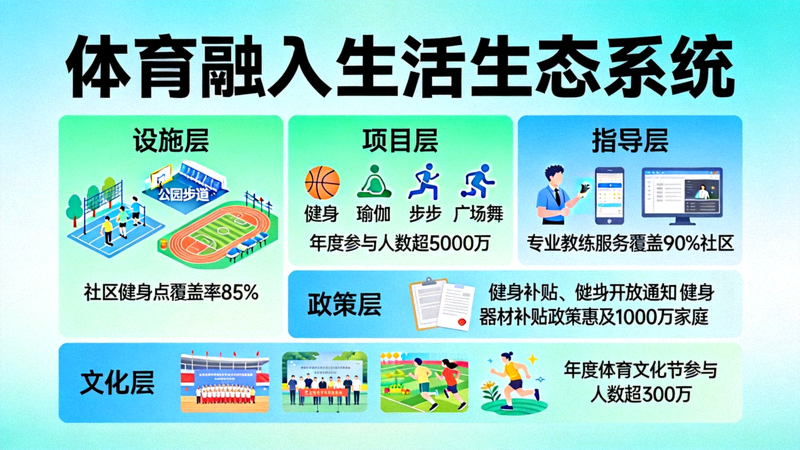 信息图展示体育融入生活的生态系统，包含设施、项目、指导、政策与文化等多个层面