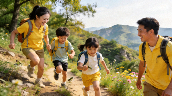 家庭周末在郊野公园进行徒步登山活动，享受自然与运动