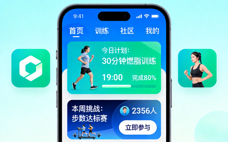 全民健身手机应用界面截图，展示个性化运动计划与社区挑战赛