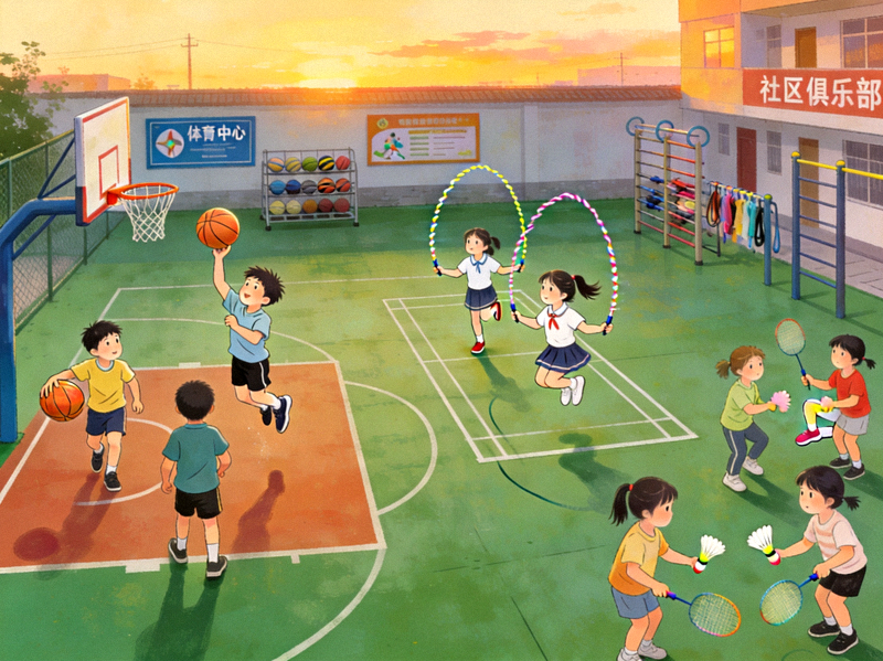 放学后小学生在社区体育俱乐部参加篮球、跳绳等多样化体育兴趣班的热闹场面