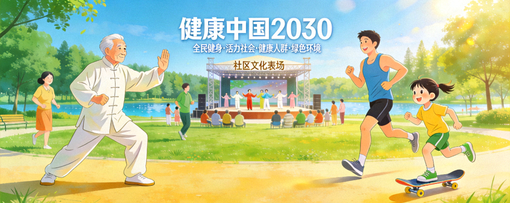健康中国未来愿景图景，展示全民健身、活力社会、健康人群与绿色环境和谐共生的美好画面